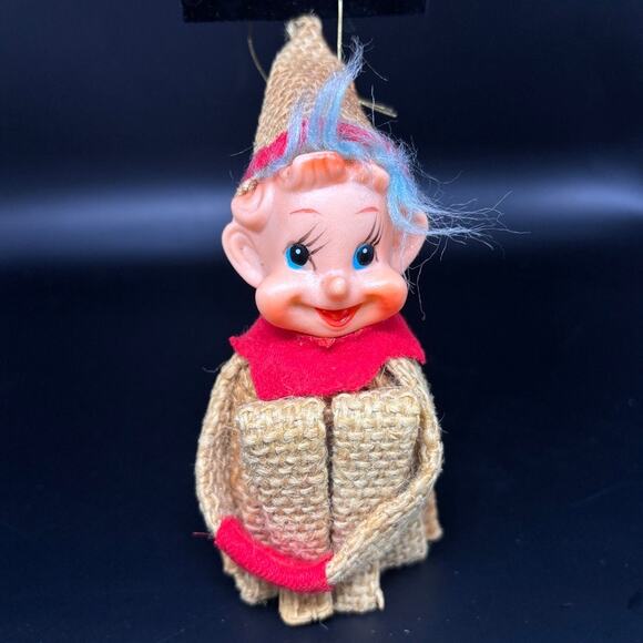 Vintage Pixie Knee Hugging Elf Self Sitter Tan Burlap Christmas Ornament Japan - Picture 1 of 13